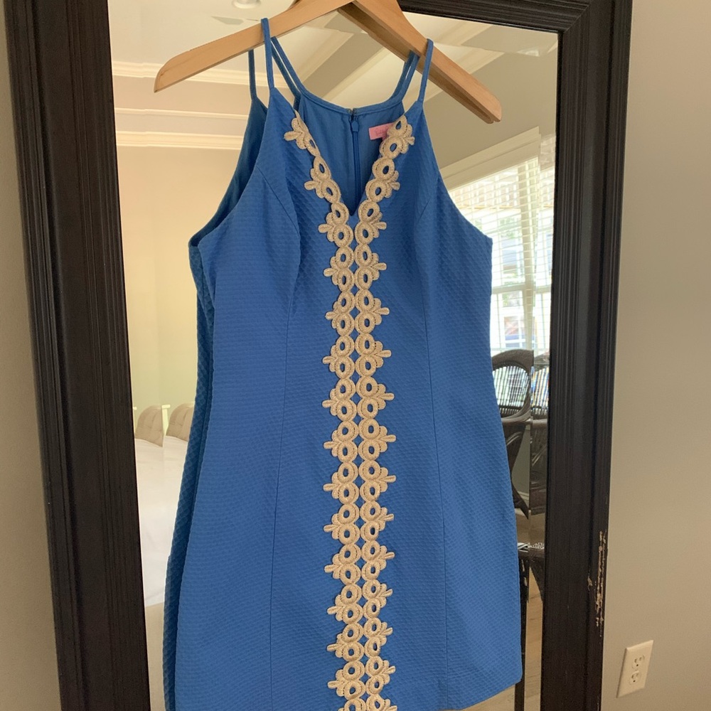 Lilly Pulitzer shift dress with gorgeous Gold Brocade Trim & classic details.